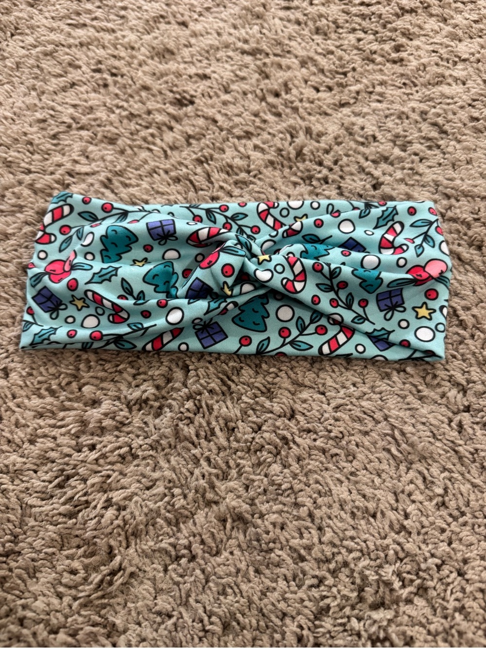Holiday Print Twist Headband - Aqua Base with Red & Green Accents Christmas